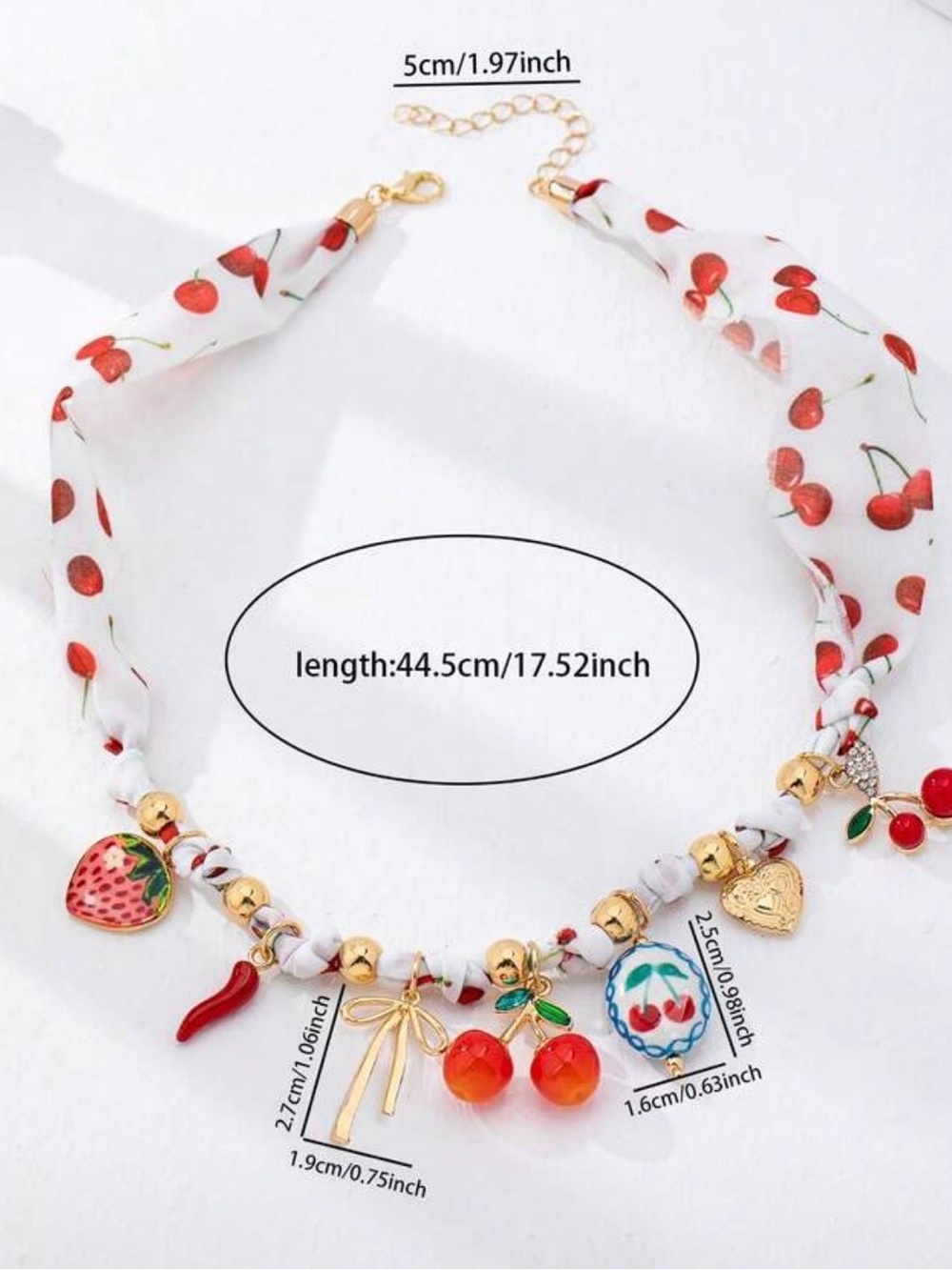 Cherry Charm Statement Necklace – Fruit & Heart Pendant - Picture 4 of 5
